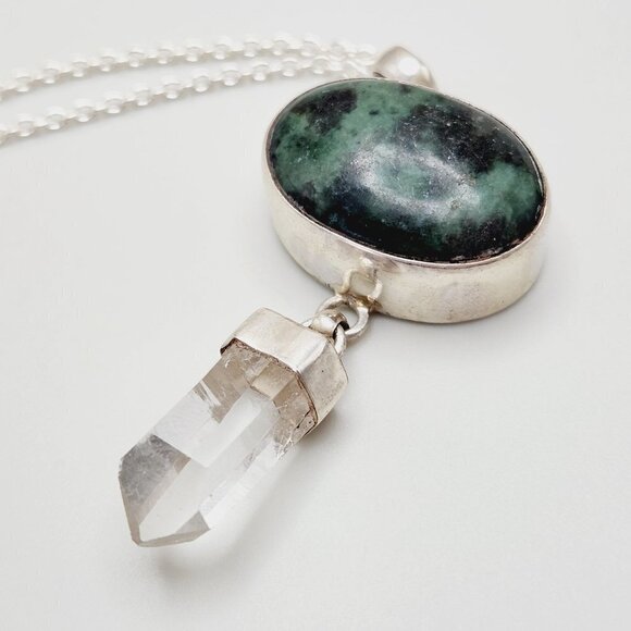 Black Green Zoisite Crystal Druzy Drop Boho 925 Sterling Silver Necklace - Picture 1 of 7